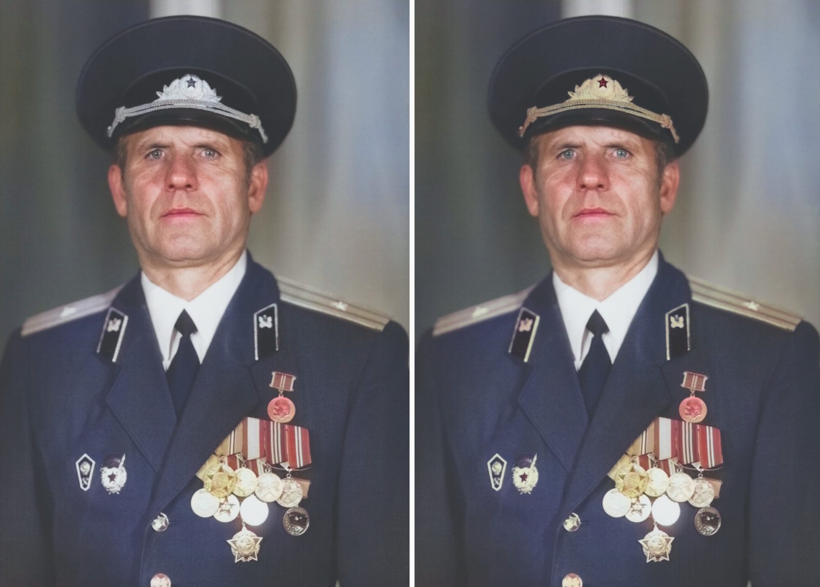 Реставрация повреждённого фото фильтром Colorize в Photoshop (слева) и его ручная доработка (справа)